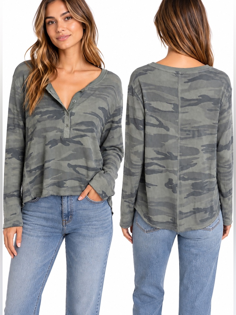Splendid Women's Olive Camo Waffle Henley Top Size XS